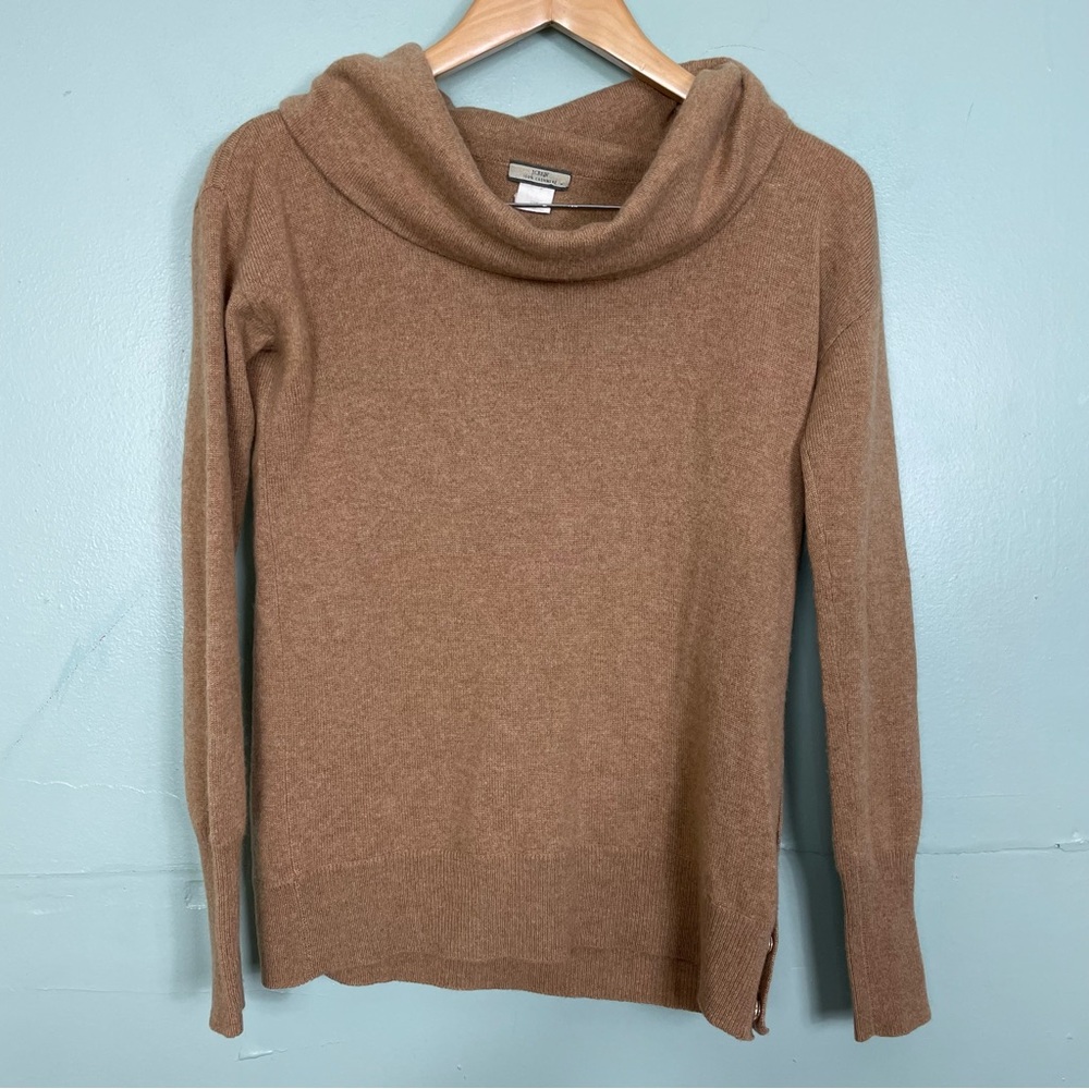 J.Crew 100% Cashmere Sweater Cowl Neck Light Brown Size XXS Side Snap Accent‎